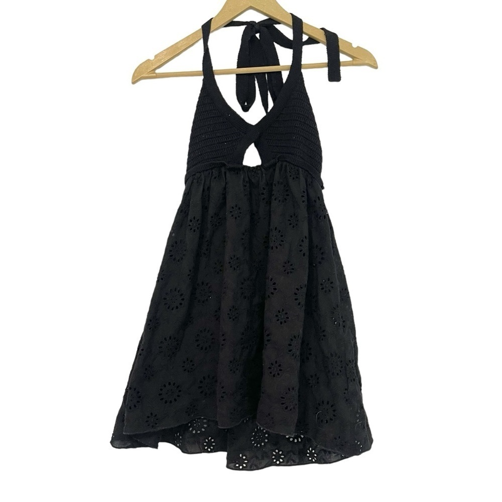 Zara Black Knit Eyelet Halter Mini Dress‎ Size XS Beachy Boho Preppy Old Money
